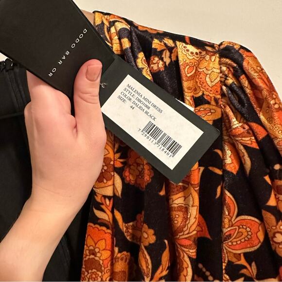 NWT DODO BAR OR Velvet Orange Black Floral Long Sleeve Mini Dress 44 8 - Picture 7 of 11